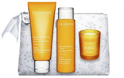 Clarins Spa At Home tělový balzám Tonic Moisturizing Balm 200 ml + sprchový gel Tonic Bath & Shower Concentrate 200 ml + svíčka Tonic Oil Scented + kosmetická taštička darčeková sada